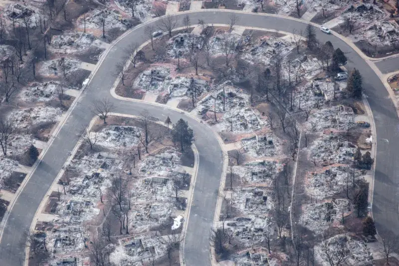 A neighborhood destroyed by a wildfire