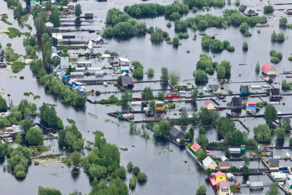 Aerial view of a flooded neighborhood