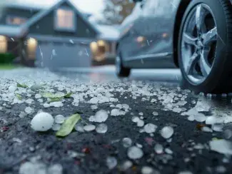 Hail stones in focus with a blurred home in the background