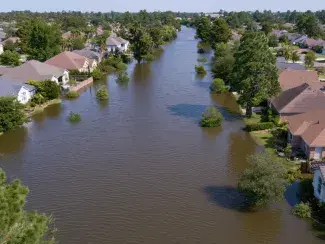 A flooded neighborhood with standing water