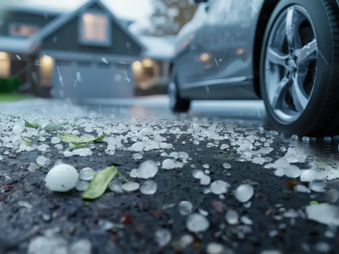 Hail stones in focus with a blurred home in the background
